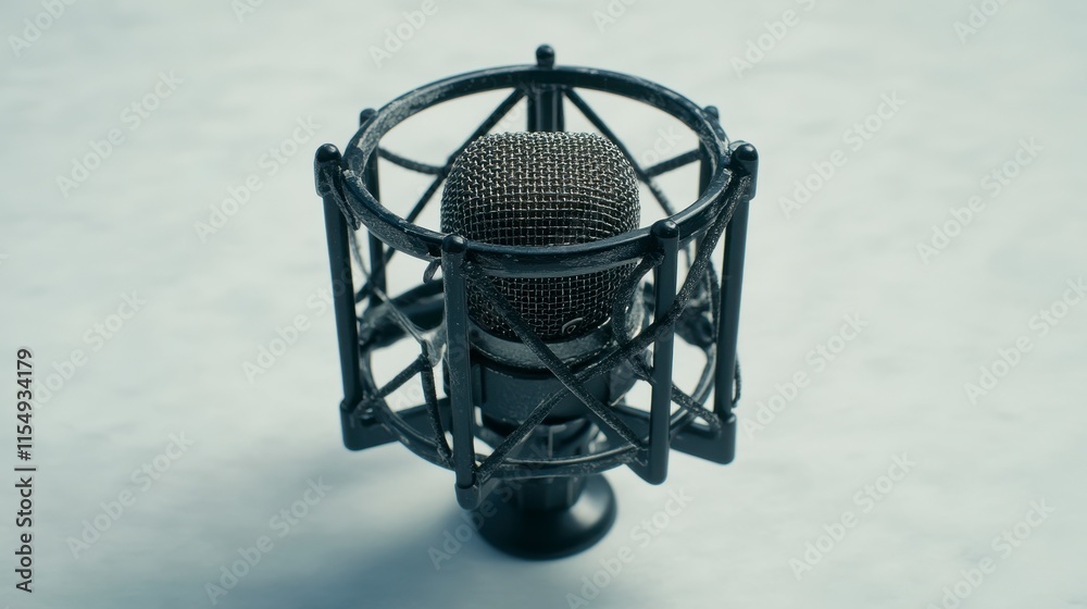 Naklejka premium Close-up of a professional microphone with shock mount on a white surface.