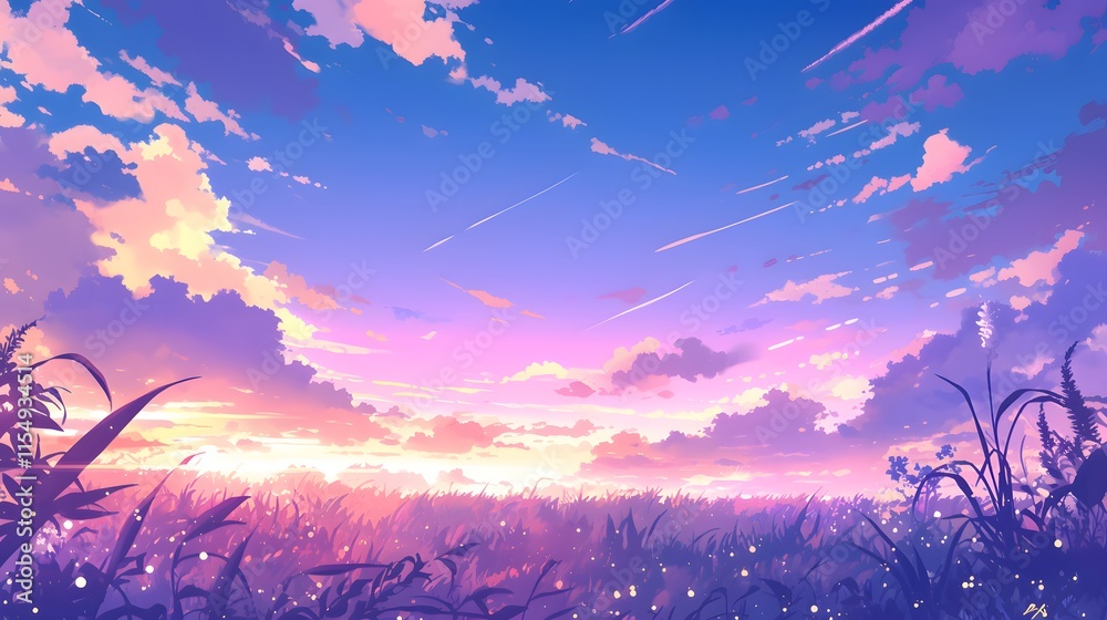 Purple fantasy landscape with surreal clouds, anime style background