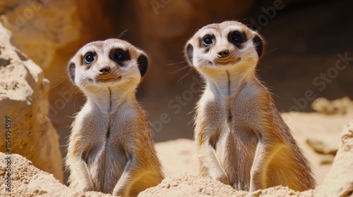 Wallpaper Mural Two Adorable Meerkats Standing on Sandy Ground with Playful Expressions in a Natural Habitat Setting, Showcasing Their Curiosity and Charm Torontodigital.ca