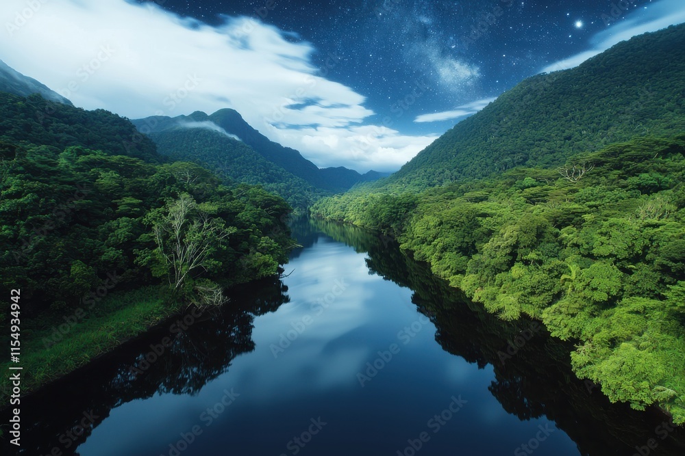 Fototapeta premium Tranquil nightscape of starry sky reflected in calm river lush forest landscape serene nature scene