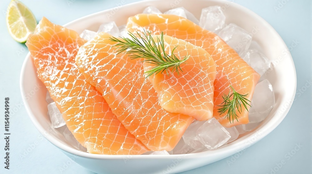 A fresh and vibrant display of salmon fillets resting on ice, garnished with a sprig of dill and a slice of lime A fresh and vibrant display of salmon fillets resting on ice, garnished with a sprig of dill and a slice of lime