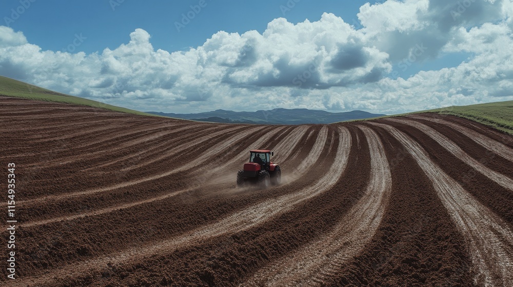 A red tractor is driving through a field of dirt A red tractor is driving through a field of dirt