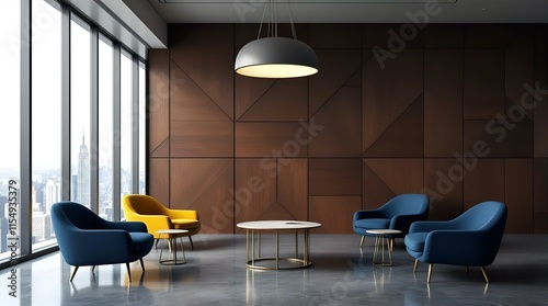 Modern Luxury Lounge with City View: Dark Wood Paneling, Geometric Design, and Stylish Seating