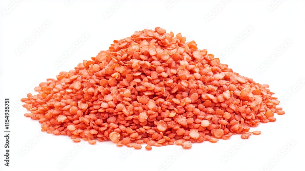 Red Split Lentils (Lens culinaris): A vibrant collection of red lentils, split and tiny, displayed in a neat mound on an isolated white background. Red Split Lentils (Lens culinaris): A vibrant collection of red lentils, split and tiny, displayed in a neat mound on an isolated white background.