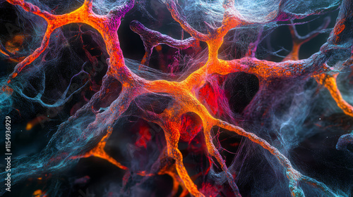 Microscopic close up of vibrant mycelium network, showcasing intricate branching patterns and glowing colors, creating mesmerizing visual effect