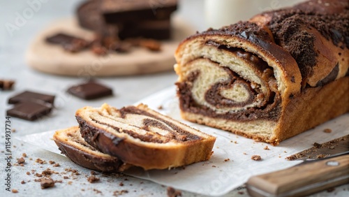 Twist and layers of a delicious babka loaf with chocolate and cinnamon displayed beautifully