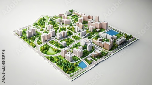 A city map with a park and a pond