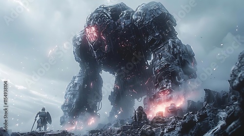 A colossal robotic giant looms over a lone warrior amidst a desolate, rocky landscape under a stormy sky.