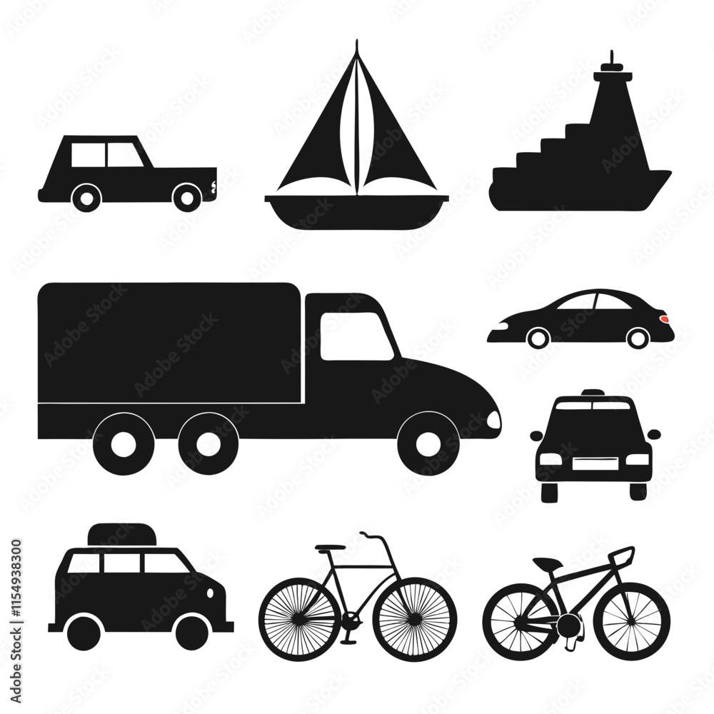 Naklejka premium Vehicle silhouettes cars, trucks, bikes and boat art illustration
