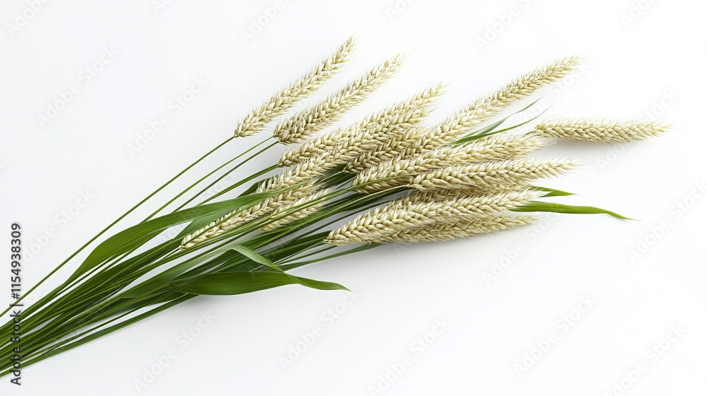 Pearl Millet (Pennisetum glaucum): A pearl millet plant with a tall green stem and cylindrical grain heads, displayed on a clean white background Pearl Millet (Pennisetum glaucum): A pearl millet plant with a tall green stem and cylindrical grain heads, displayed on a clean white background