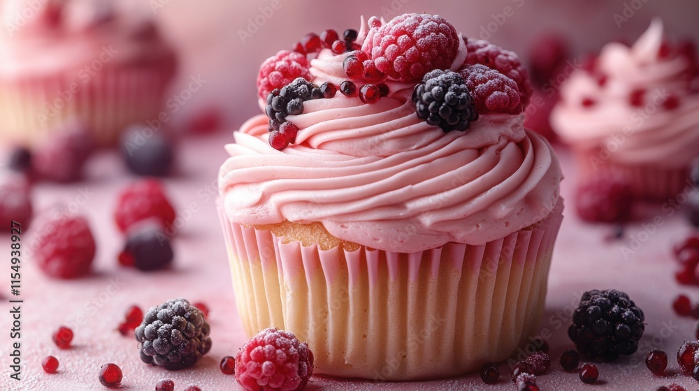 Creamy cupcake topped with fresh berries on a pastel pink background Creamy cupcake topped with fresh berries on a pastel pink background