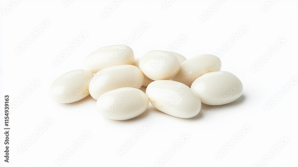 Navy Beans (Phaseolus vulgaris): A group of small, oval-shaped navy beans in creamy white, set on an isolated white background Navy Beans (Phaseolus vulgaris): A group of small, oval-shaped navy beans in creamy white, set on an isolated white background