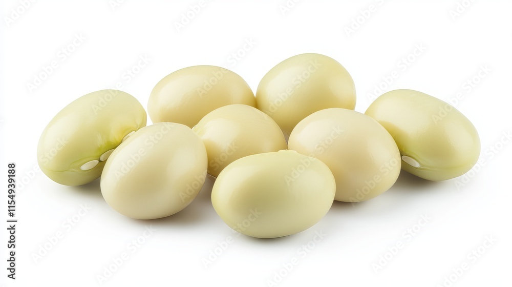 Navy Beans (Phaseolus vulgaris): A group of small, oval-shaped navy beans in creamy white, set on an isolated white background Navy Beans (Phaseolus vulgaris): A group of small, oval-shaped navy beans in creamy white, set on an isolated white background