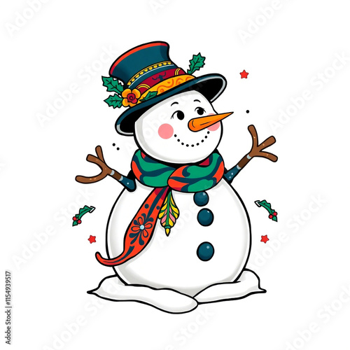 snowman with hat. A vibrant symbolic traditional tattoo art print of a snowman, featuring bright retro colors, complex ornamental designs, and a white background, exuding a lively energetic feel.