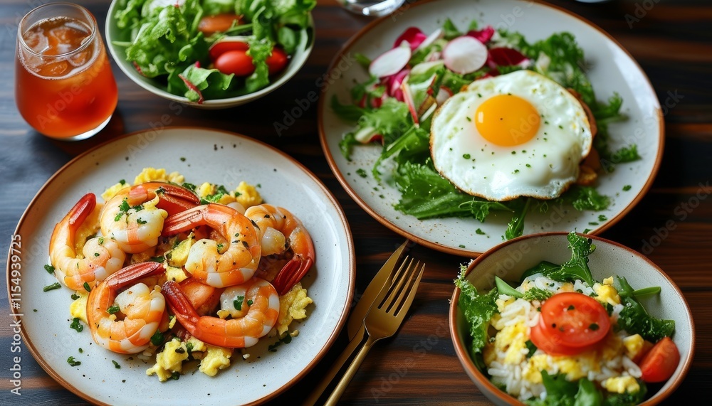 Upscale Dinner Table with Shrimp Omelet and Fresh Salad on Wooden Background Upscale Dinner Table with Shrimp Omelet and Fresh Salad on Wooden Background