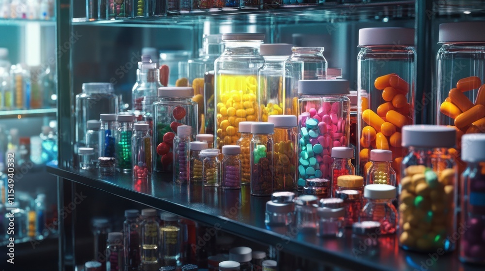 Fototapeta premium Colorful Pills in Glass Jars on Pharmacy Shelf