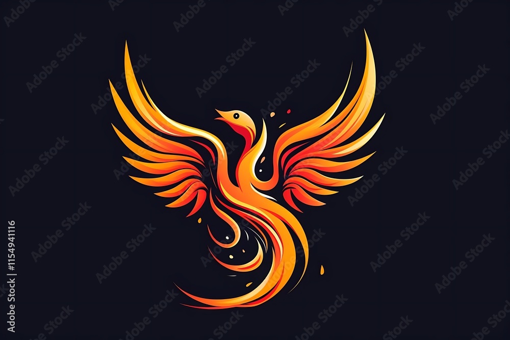 Fiery phoenix bird with spread wings, abstract design.