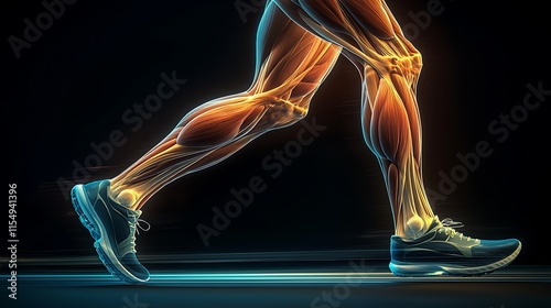 3D render of human leg muscles in motion, quadriceps, calves, and hamstrings working in a dynamic pose, subtle lighting from the bottom to accentuate the muscle groups, mood of movement photo