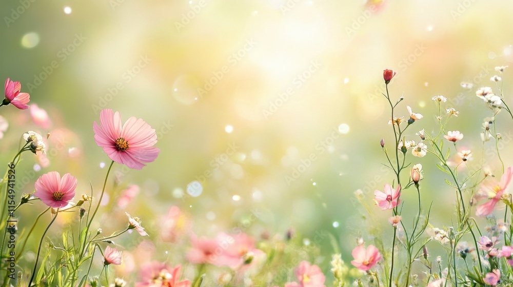 Pink Cosmos Flowers in Sunny Meadow, Springtime Bloom Pink Cosmos Flowers in Sunny Meadow, Springtime Bloom