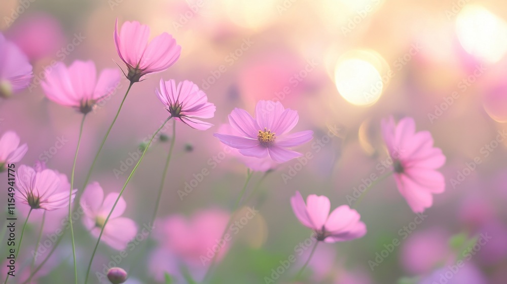 Fototapeta premium Pink Cosmos Flowers in Soft Sunset Light - Dreamy Field