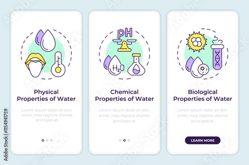 Water properties onboarding mobile app screen. Analysis walkthrough 3 steps editable graphic instructions with linear concepts. UI, UX, GUI template. Montserrat SemiBold, Regular fonts used