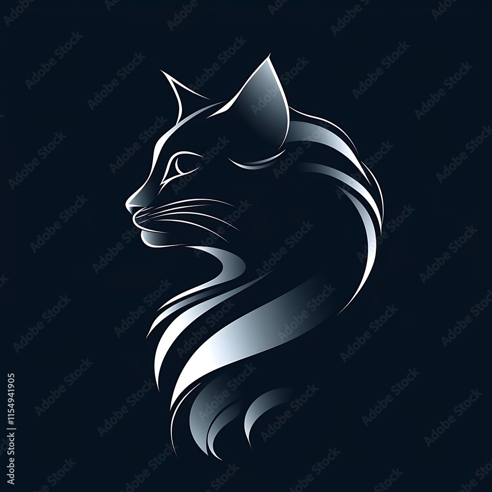 Obraz premium Elegant cat profile, stylized silver lines on dark background.