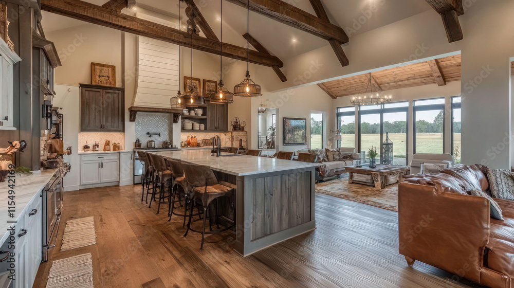 Elegant modern farmhouse style home interior kitchen living room bar and foyer Elegant modern farmhouse style home interior kitchen living room bar and foyer