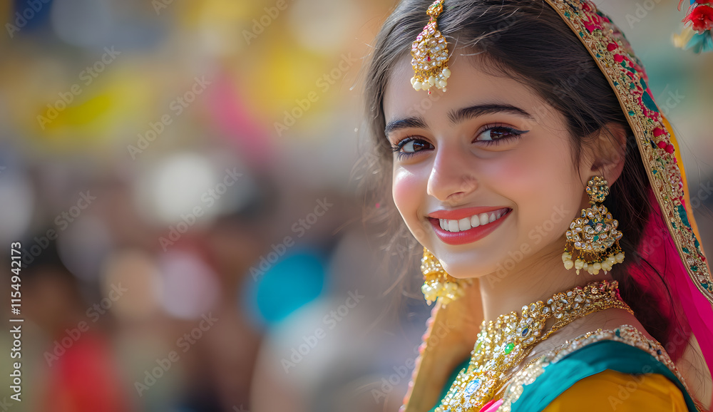 Fototapeta premium A beautiful young woman in an Indian-style blue and pink dress stands at the center of the picture, smiling as people dance around her in the background under the lights of an Indian festival celebrat