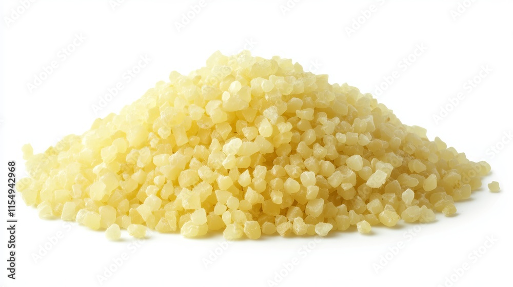 Millet (Panicum miliaceum): A neat pile of tiny, spherical millet grains in pale yellow tones, placed on an isolated white background. Millet (Panicum miliaceum): A neat pile of tiny, spherical millet grains in pale yellow tones, placed on an isolated white background.