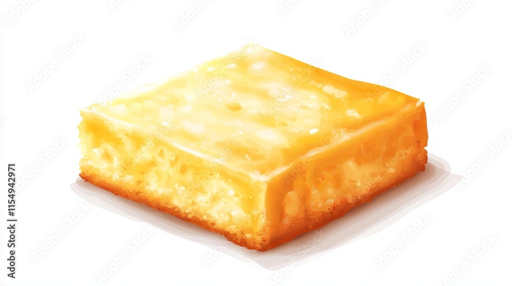Cornbread: A square slice of cornbread with a slightly crumbly texture and golden-yellow color, arranged on an isolated white background. Cornbread: A square slice of cornbread with a slightly crumbly texture and golden-yellow color, arranged on an isolated white background.