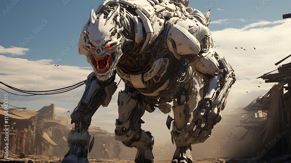Naklejka premium A menacing robotic creature, resembling a dragon or beast, stalks through a desolate, war-torn town under a bright sky.
