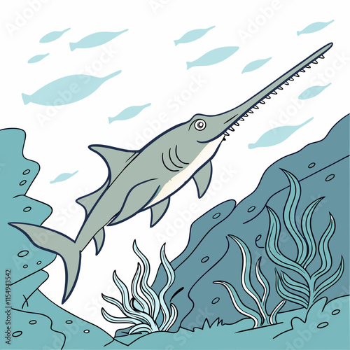 A dynamic vector illustration of a beautiful sawfish swimming swiftly, showcasing its unique features and vibrant movement, perfect for marine-themed designs and projects.