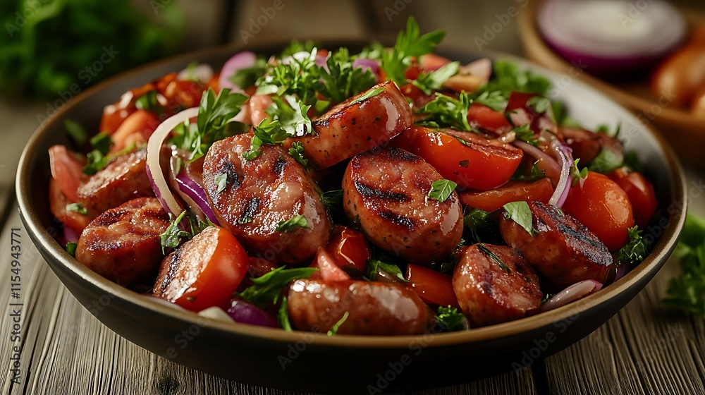 Grilled sausages with vegetables and herbs in bowl on wooden table Grilled sausages with vegetables and herbs in bowl on wooden table