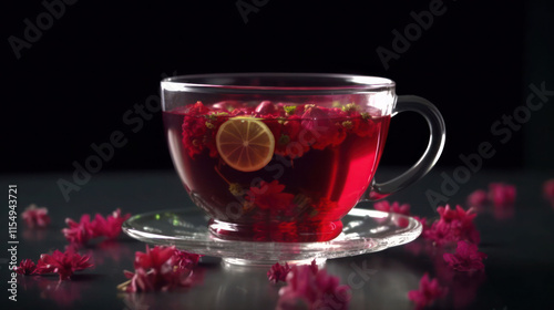 Fruity Cup of Cranberry Hibiscus Tea vibrant cup of cranberry hibiscus tea bursting with fruity and floral notes elegantly displayed on a clean background photo