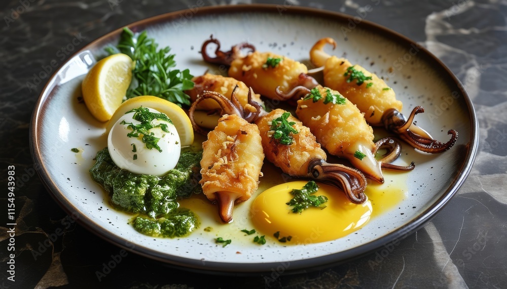 Crispy Greek Calamari with Fresh Herbs and Lemon Served on Elegant Plate Crispy Greek Calamari with Fresh Herbs and Lemon Served on Elegant Plate
