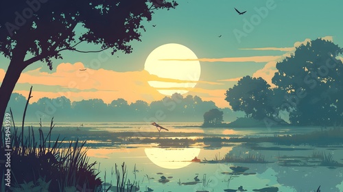 Serene bayou minimalistic landscape art