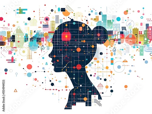 Woman's profile silhouette filled with colorful city icons and circuit lines, symbolizing connection and technology.