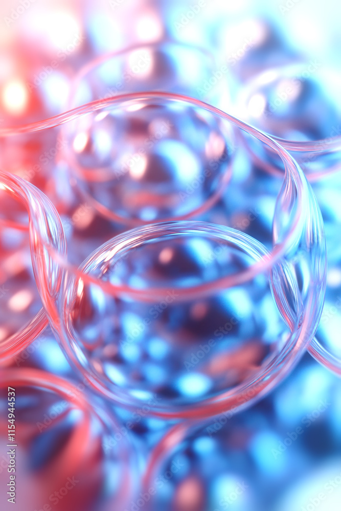 Transparent glass spheres with a dynamic play of light, where cool and warm shades of blue and pink-orange tones emphasize the volume of the composition Transparent glass spheres with a dynamic play of light, where cool and warm shades of blue and pink-orange tones emphasize the volume of the composition