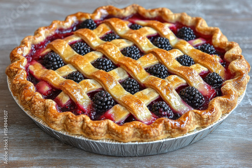 Blackberry pie with lattice crust on a rustic wooden table, fresh blackberries scattered around, golden crust glistening, inviting and delicious.