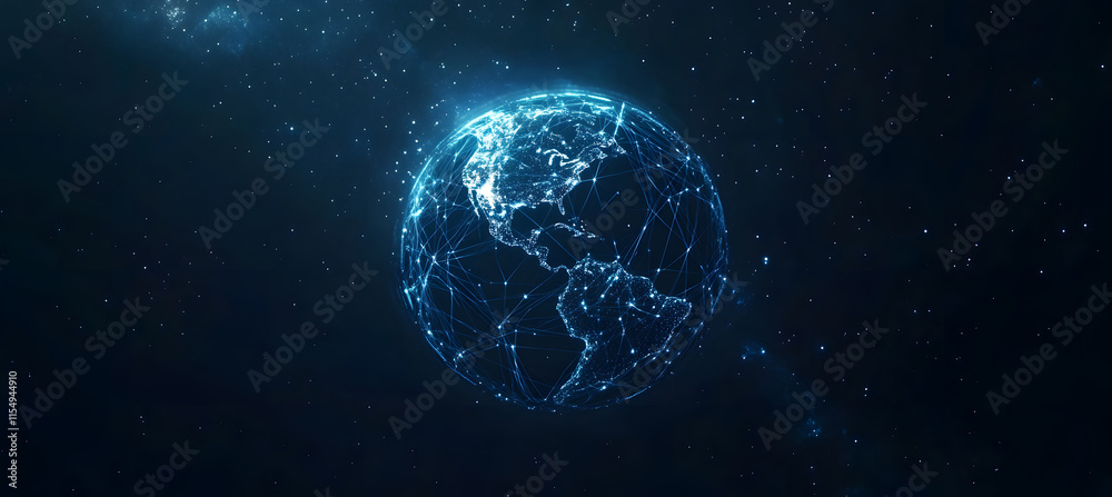 Obraz premium Digital Globe with Interconnected Networks on a Starry Background