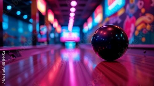 Bowling with neon lights and a shiny ball in motion