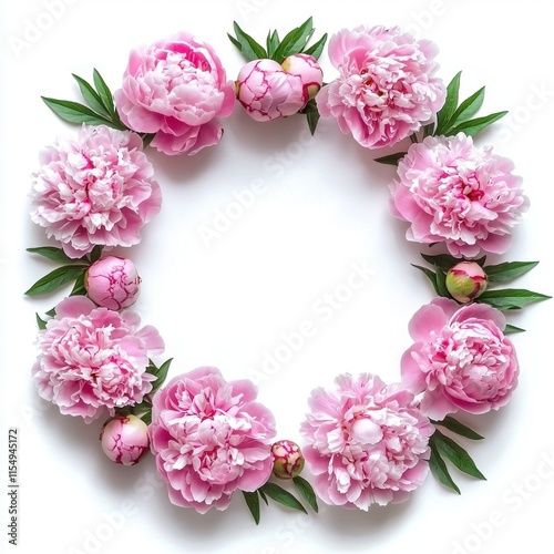 Wallpaper Mural Elegant Floral Wreath of Soft Pink Peonies and Buds on White Background, Perfect for Weddings, Celebrations, or Home Decor Accents, Evoking Freshness and Beauty Torontodigital.ca