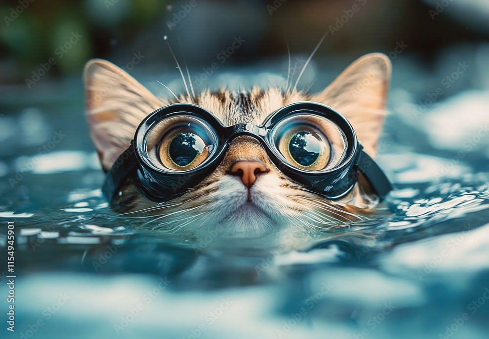 A cat wearing swimming goggles is floating in the water, with big eyes, high-definition photography, a cute and funny expression, and a realistic, photographic appearance. A cat wearing swimming goggles is floating in the water, with big eyes, high-definition photography, a cute and funny expression, and a realistic, photographic appearance.