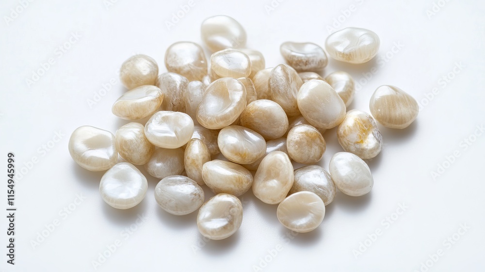 Jobs Tears (Coix lacryma-jobi): A group of Jobs Tears grains, round and pearl-like with a white to grayish hue, displayed on an isolated white background Jobs Tears (Coix lacryma-jobi): A group of Jobs Tears grains, round and pearl-like with a white to grayish hue, displayed on an isolated white background