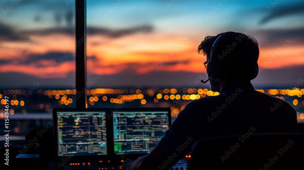 Fototapeta premium Traffic Control Operations at Sunset with Silhouette Style