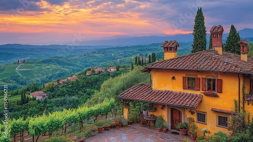 Scenic view of a rustic villa surrounded by hills and vineyards at sunset.