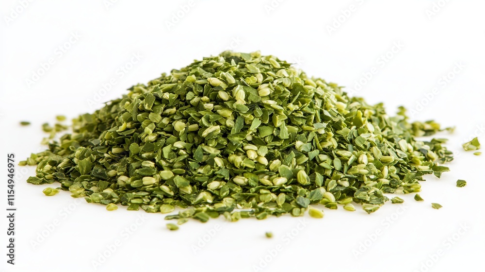 Freekeh (Young Green Wheat): A small pile of freekeh grains, greenish and slightly cracked, neatly displayed on a clean white background Freekeh (Young Green Wheat): A small pile of freekeh grains, greenish and slightly cracked, neatly displayed on a clean white background