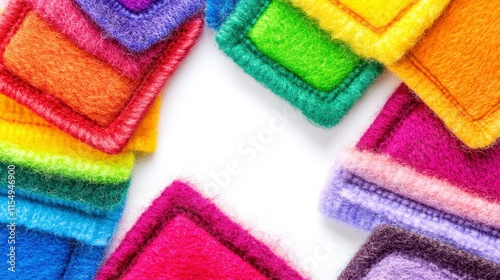Colorful felt squares arranged in a frame on white background.