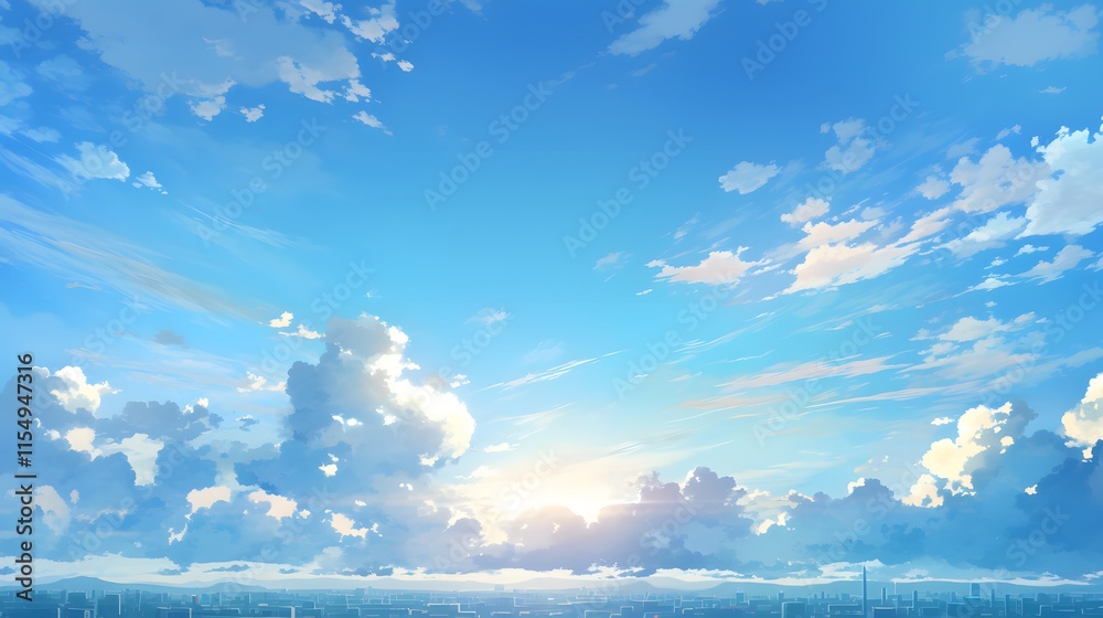 Sky with white fluffy clouds and shining sun. Sunny anime sky,