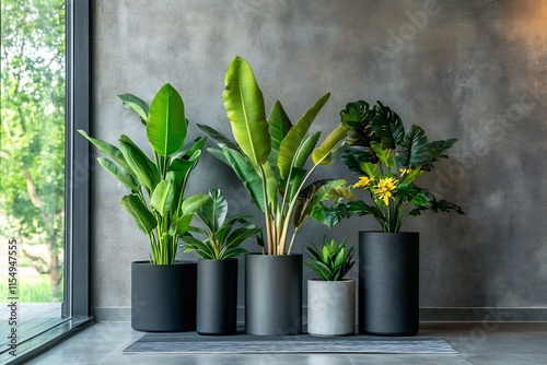 Collection of Potted Houseplants Displayed in a Modern Indoor Setting with Natural Lighting photo